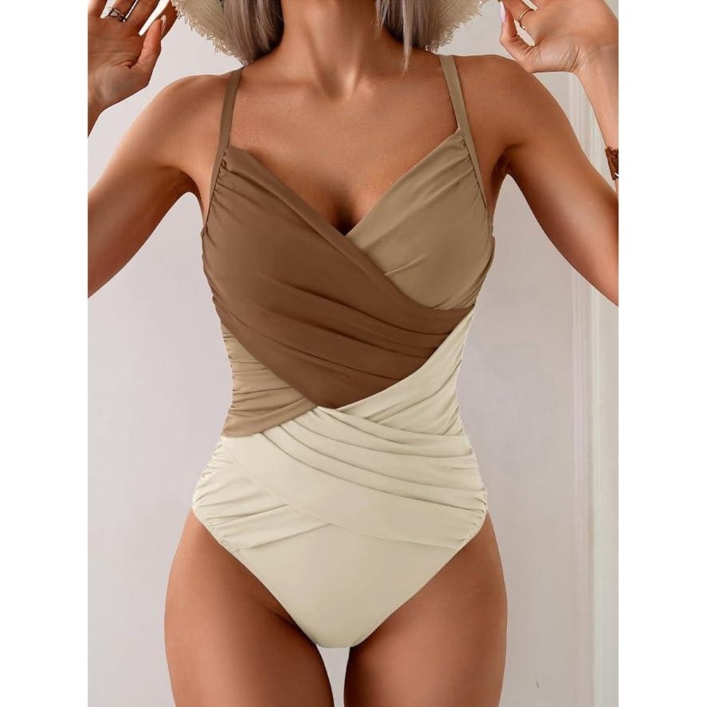 B2PRITY One Piece Swimsuit Brown Cream Colorblock Ruched Tummy Control Large NWT